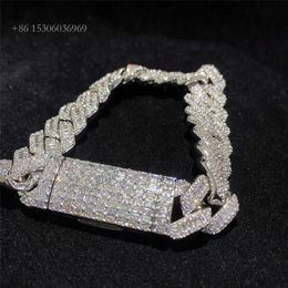 Bijoux Hip Hop 15Mm entièrement VVS Baguette Moissanite diamant hommes Bracelet Sier glacé Miami chaîne à maillons cubains