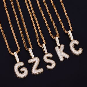 Hip hop bijoux A-Z petites lettres à bulles colliers pour hommes pendentif charme glace sur Zircon cubique or argent avec chaîne de corde de 20 pouces