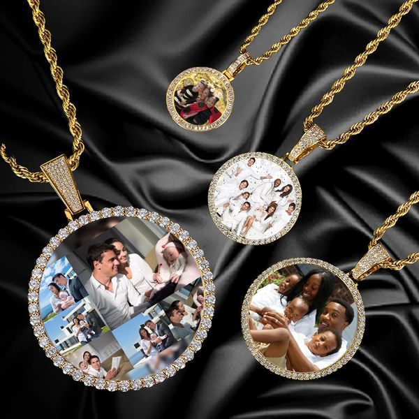 Hip Hop Jewelry Bling CZ Memorial Picture Frames Collier Personnalisation PO Custom 26/35/45/68.5 mm Cercle Médaillons Pendant 240418