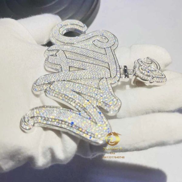 Bijoux Hip Hop Bling Moissanite Diamant Personnel Argent Massif Homme Fait Long Nom Personnalisé Pendentif Glacé