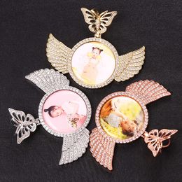 Hip Hop Jewelry Butterfly Head Angel Wings Round Pendant Micro Set Zircon DIY Personnalisé Cadre photo