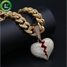 Hip Hop Bijoux Designer Collier Iced Out Pendentif Cubain Lien Chaîne Or Diamant Break Coeur Pendentifs Luxe Bling Charm Rappeur Me3354