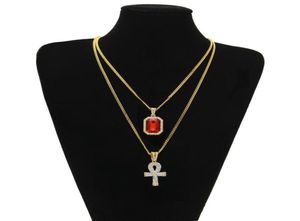 Hip Hop -sieraden Egyptische grote Ankh Key hanger kettingen sets mini vierkant Ruby Sapphire met charman link voor heren Fashion2997703