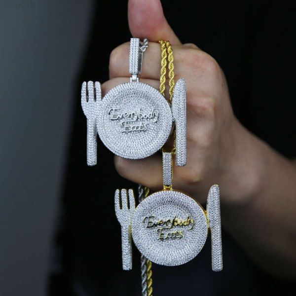 Joyería de Hip hop, colgante fino de moissanita, plato de cena, cuchillo, colgante de tenedor, colgante con letras personalizables