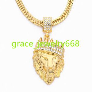 Hip Hop -sieraden Iced Clear Rhinestones Curb Cuban Chain Gold Crown Lion Head Pendant Necklace for Men Women