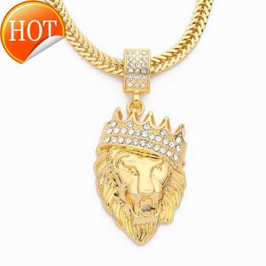 Hip Hop -sieraden Iced Clear Rhinestones Curb Cuban Chain Gold Crown Lion Head Pendant Necklace for Men Women