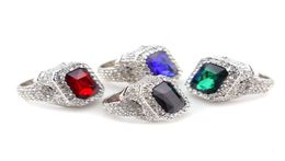 Hip Hop -sieraden Iced Gold Silver Color Red Green Blue Gem Ring Bling Full CZ Rhinestone Crystal Stone Punk Rap Rings For Men3798775