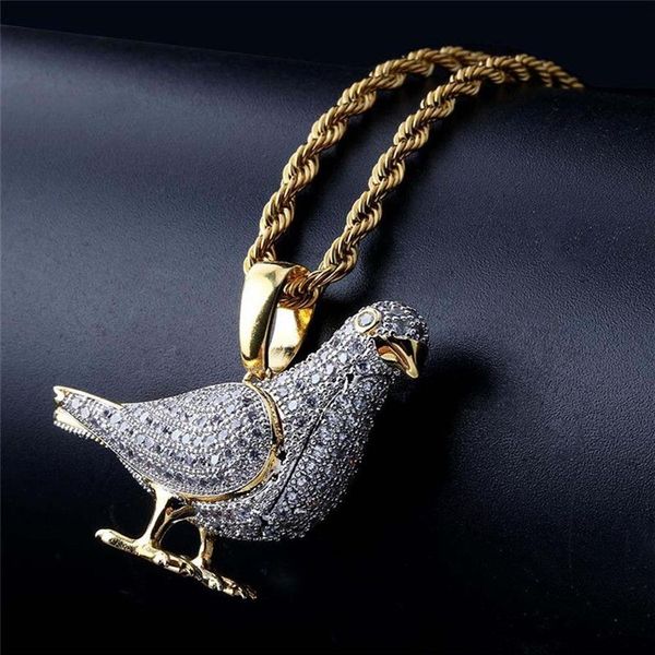 Collier avec pendentif Pigeon glacé pour hommes, bijoux Hip Hop, avec chaîne en or, Micro pavé de Zircon, Animal, 229n