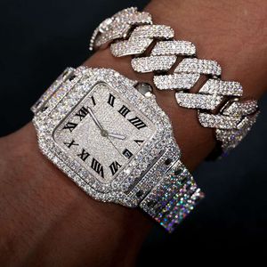 Hip Hop Sieraden Mannen Vergulde 925 Sterling Zilver Vvs Moissanite Diamond Iced Out Cubaanse Link Armband met Mechanisch Horloge