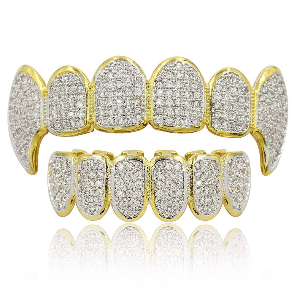 Bijoux Hip Hop Mens Grills Plaqué Or 18 carats Tout Glacé Diamant Grillz Dents Bling Brillant Rock Punk Rappeur