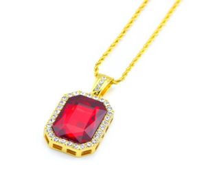 Hip Hop Jewelry Square Ruby Sapphire Red Blue Green Black White Gems Crystal Pendant ketting 24 inch gouden ketting voor mannen Fashion J7175916