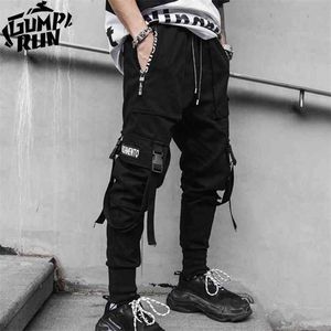 Hip-Hop Jogger Hommes Noir Harem Salopette Multi-Poche Ruban Pantalon De Sport Streetwear Casual 210715