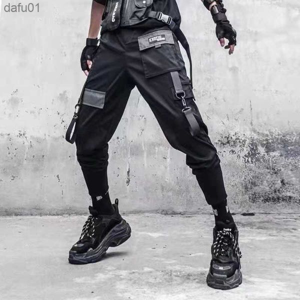 Hip Hop Joggers Men Letter Ribbons Cargo Pants Pockets Track Tactical Casual Techwear Pantalones de chándal Sport Streetwear L230520