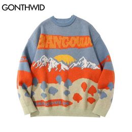 Hip Hop Pull tricoté Streetwear Vintage Montagne Patchwork Coréen Hommes Harajuku Mode Casual Épais S 211228