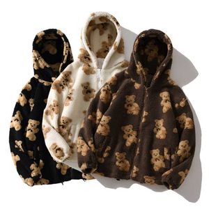 Chaqueta de lana de cordero de estilo Hip Hop con estampado de oso bonito, abrigo marrón con cremallera de gran tamaño para hombres y mujeres, ropa de calle Harajuku, prendas de vestir holgadas para parejas de otoño X0710