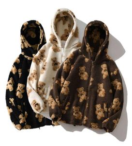 Hip Hop Lambswool Jacket schattige beren afdruk oversized rits bruin jas Men039s dames Harajuku streetwear losse paar Autumn Outw3706701