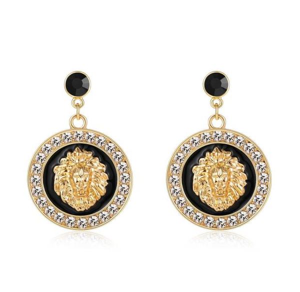 Hip Hop Lion Head Charm Boucles d'oreilles Gold Color Alloy Crystal Black ENAMEL BASKELL BASKION