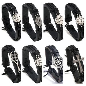 hip hop HOMME FEMME Bracelet en peau de vache croix noire Raquette de badminton Football 100% bracelet en cuir véritable tissage de fil de cire réglable