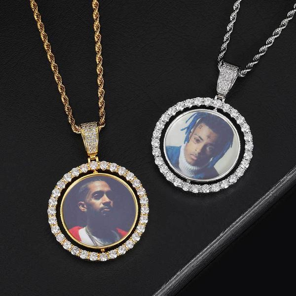 Hip Hop Memory Rotable Colgante de foto circular de doble cara con micro set Zircon Chaoren Hip Hop Marco Collar Collares pendientes