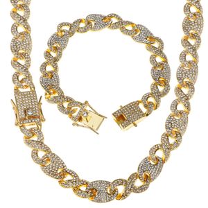 Hip Hop Men 14K chapado en oro 13MM Miami Cuban Chain Lad Diamond Necklace Bracele Set