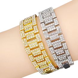 Hip Hop Hombres Cubic Zirconia Pulseras Correa de reloj Brazalete Rapper Rocker Punk Iced Out Bling Jewelry 16mm Oro Plata Mujeres Tobillera Cadena Accesorios