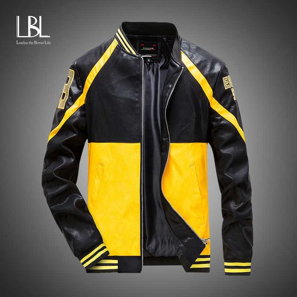 Chaquetas de cuero de imitación de Hip Hop para hombre, chaqueta clásica de retales para motocicleta, chaqueta de cuero de imitación para hombre, abrigos de otoño e invierno para hombre 211009