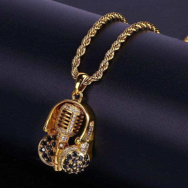 Hip Hop hombres oro 24 pulgadas cadena circonita cúbica música cabeza micrófono colgante collar Whole191S