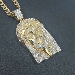 Hip Hop Mannen Gouden Kleur Iced Out Bling Strass 14k Geel Goud Grote Jezus Stuk Kettingen Hangers Met Kettingen Vogue Sieraden