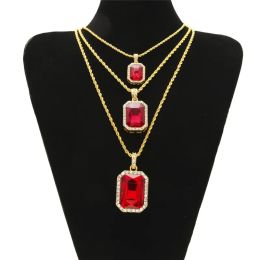 Hip Hop hommes bijoux Bling glacé trois couches rubis pendentif colliers ensemble avec chaîne 20 pouces 24 pouces 30 pouces