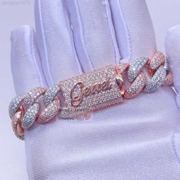 Hip Hop Men rapper sieraden Rose Gold Two Tone 16mm Custom Name Clasp Cuban Link Iced Silver Bracelet