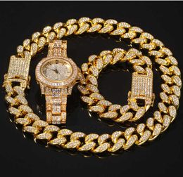 Hip Hop hommes Bracelet collier montre trois pièces ensemble polyvalent diamant bijoux 231015