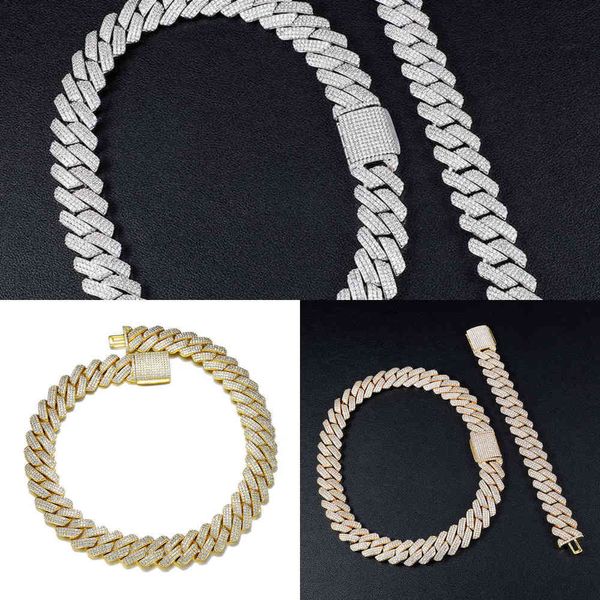 Ensemble Bracelet Chaîne Hip Hop Homme, 19mm, 3 Rangées de Boutons Cubains Lourds, Boîte à Crème Glacée, Aaa + Cz 2 Ajustement Cuivre Plaqué Or Q0809