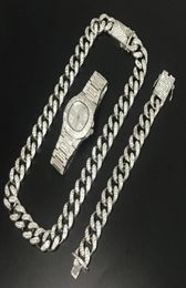 Hip Hop hommes collier en argent cristal Miami chaîne hommes montre collier Bracelet Combo ensemble Ice Out collier cubain Hip Hop pour hommes5333744