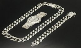 Hip Hop hommes collier en argent cristal Miami chaîne hommes montre collier Bracelet Combo ensemble Ice Out collier cubain Hip Hop pour hommes9411748