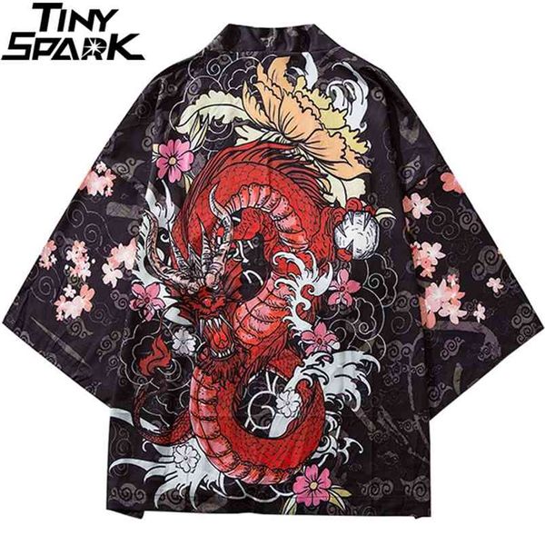 Hip Hop Hombres Streetwear Chaqueta Chino Fuego Dragón Impresión Harajuku Kimono Japonés Verano Corto Vestido Fino Japón Estilo 210811