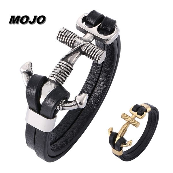 Bracciale con ciondolo con ancora in acciaio al titanio placcato oro e argento stile uomo Hip Hop Braccialetti in pelle nera Gioielli