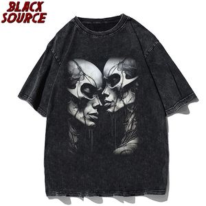 Hiphop Men T-shirt Skull Zwart T-shirt Donkere windstijl Zwart plus size tops Harajuku Y2K Vintage Streetwear Mens Clothing Tops 240311