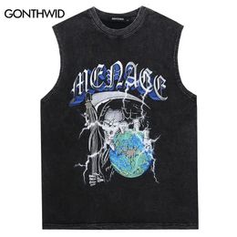 Hip Hop Men Tank Top Y2K Vintage Grim Reaper Skeleton Tampón Gráfico Camiseta sin mangas Harajuku Summer Punk Washed Vest 240407