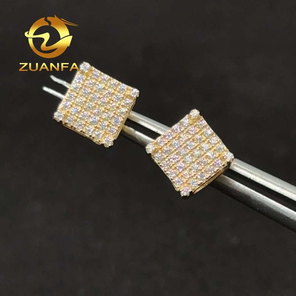 Hip Hop Hombres Mujeres Joyería 10k Oro Totalmente Pavimentado Bling Moissanite 925 Plata Tornillo Back Square Stud Pendientes