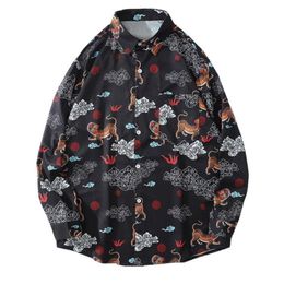 Hip Hop Hommes 2021 Bouton décontracté Chemisier Tropical Chemise Hauts Drôle Tigre Imprimé Manches Longues Chemises de Plage Hawaïennes Harajuku Men's2961