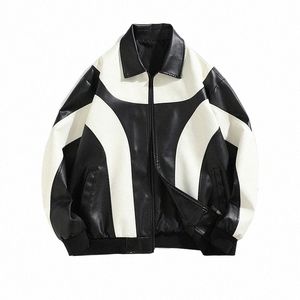 Hip Hop chaqueta de cuero sintético para hombre, cortavientos acolchado, abrigo de bombardero para motociclista 48Dv #