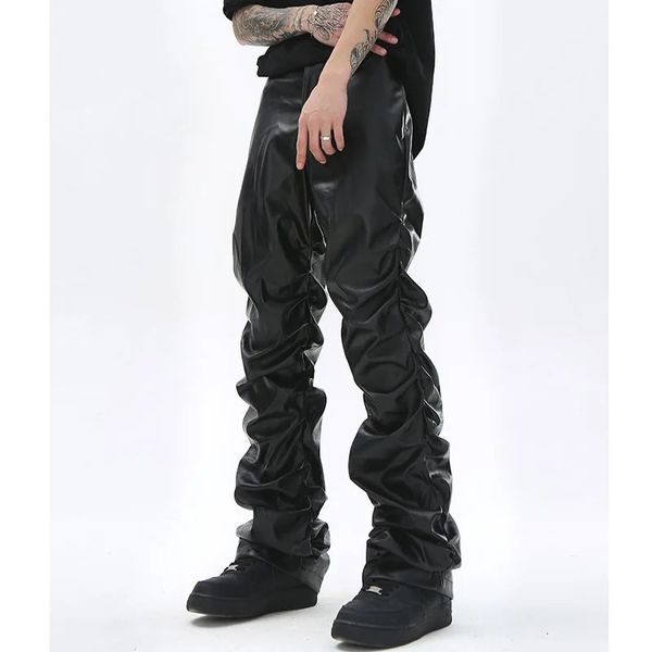 Hip Hop hommes plissés en cuir Pu pantalon Harajuku rétro Streetwear lâche froncé pantalon décontracté droit couleur unie pantalon noir 240130