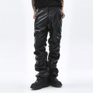 Pantalones apilados de cuero Pu para hombre de Hip Hop, ropa de calle Retro, pantalones casuales sueltos, pantalones Cargo rectos de Color sólido