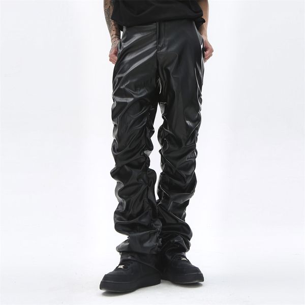 Pantalon empilé en cuir Pu pour hommes, style Hip Hop, rétro, Streetwear, ample, décontracté, droit, couleur unie, Cargo
