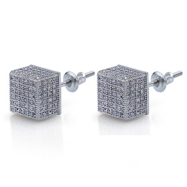 Hip Hop Mens Screwback Stud Pendientes Moda Square White Zircon Pendientes colgantes Chapado en oro Vintage Joyería geométrica al por mayor