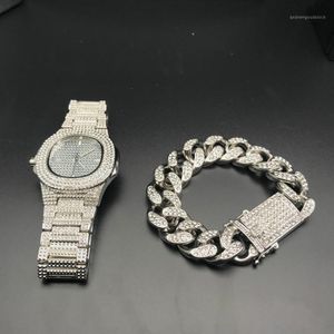 Bracelets de montres pour hommes hip hop set Fashion Diamond Iced Out Cuban Cuban Gold Silver Watch Set With Box 20191 220i