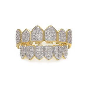 Hip Hop Micro Pave Cubic Zirkoon Tanden Grillz Caps Top Bodem Mannen Vrouwen Goud Zilverkleur Vampier Fangs Grills Set