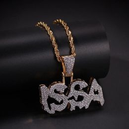 Hip Hop Micro pavé vert zircon cubique Bling Out ISSA lettre pendentifs collier pour hommes rappeur bijoux or Color241C