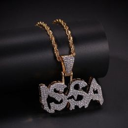 Hip Hop Micro Pave vert zircon cubique Bling Out ISSA lettre pendentifs collier pour hommes rappeur bijoux or Color200D