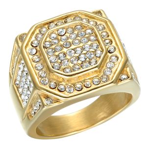 Hip Hop Micro Pave Rignestone Iced Out Bling Hexagonal Ring IP Gold rempli Titane Rings en acier inoxydable pour hommes